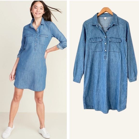 Old Navy Chambray Denim Shirt Dress Long Sleeve Sz M Boho Chic Casual Fall - Picture 1 of 7